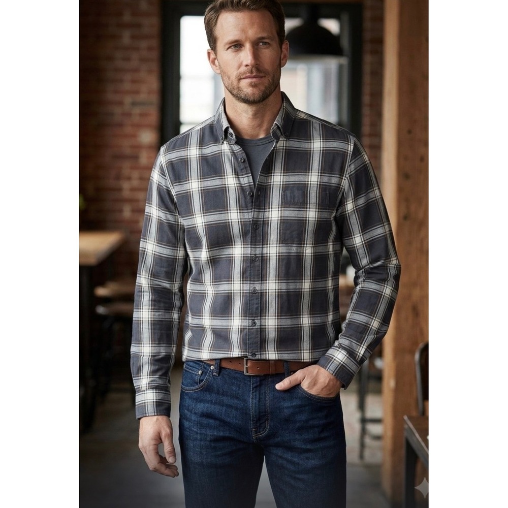 Rodd & Gunn Mens Sports Fit Plaid Button Down Shirt L Navy Grey Woven in Italy